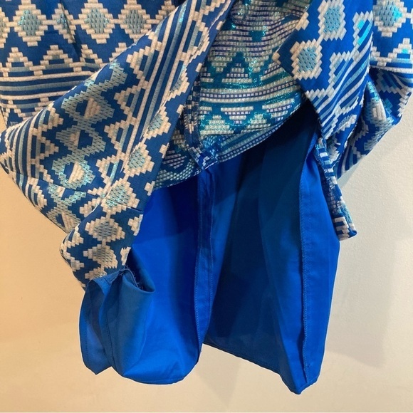 BELLE by Badgley Mischka Sz 8 Metallic Aztec Motif White Accent Midi Dress - Picture 11 of 13